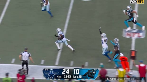 Daron Bland returns an interception for a touchdown against the Panthers.
